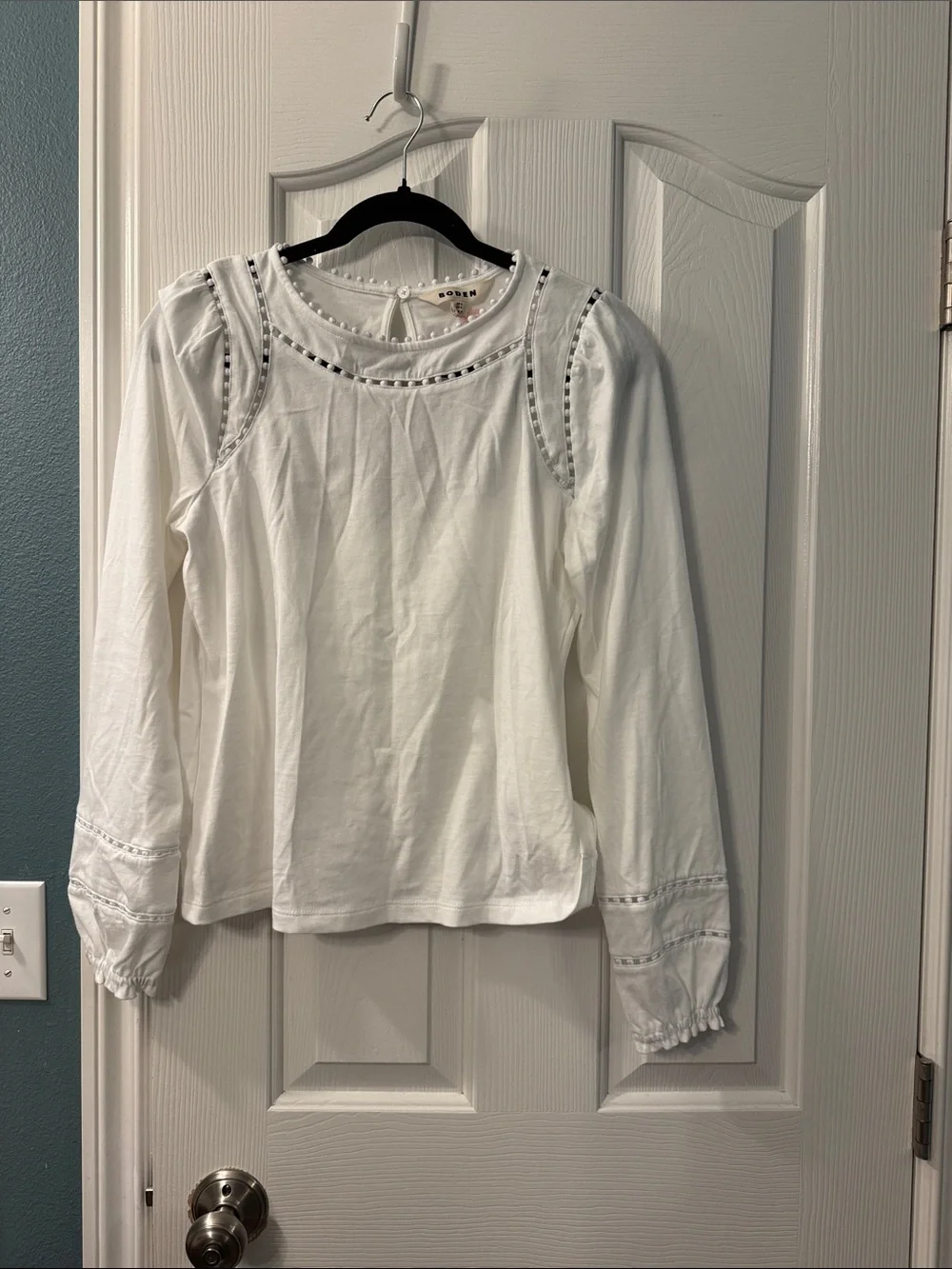 Boden White Eyelet-Trim Long Sleeve Blouse- 100% cotton
